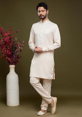 Cream Embroidered Art Silk Kurta Set For Men