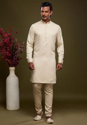 Light Grey Embroidered Art Silk Kurta Set For Men