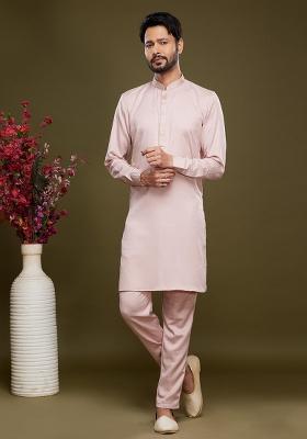 Pink Embroidered Art Silk Kurta Set For Men