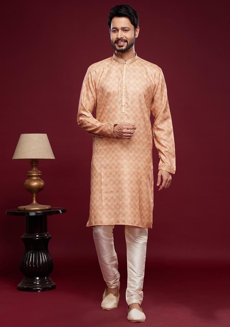 Peach Printed Art Silk Kurta Set For Men