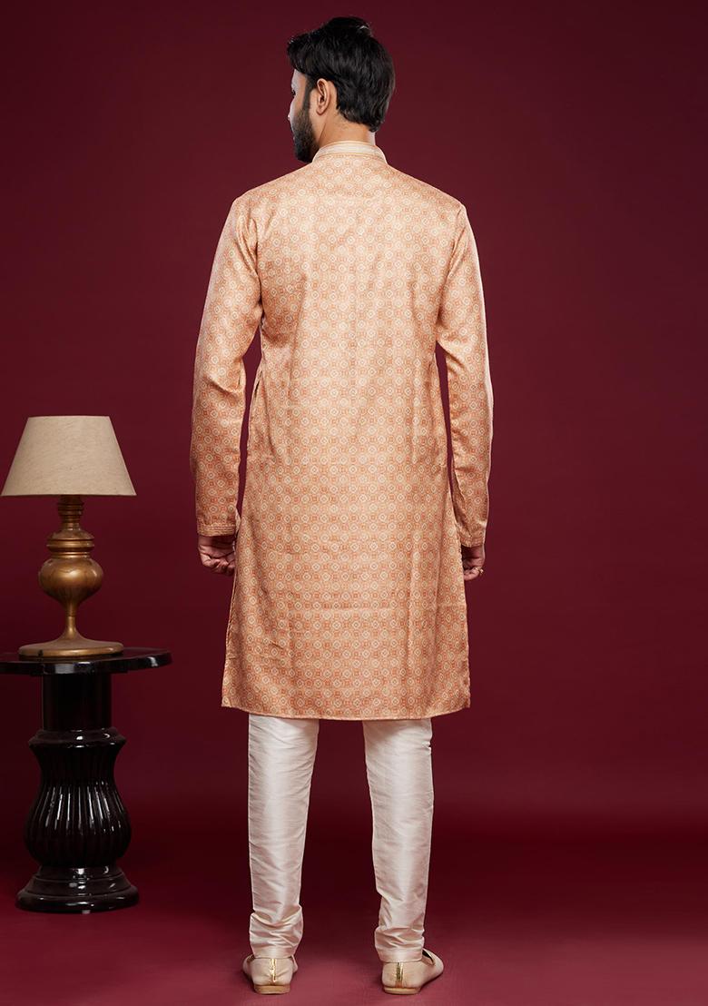 Peach Printed Art Silk Kurta Set For Men