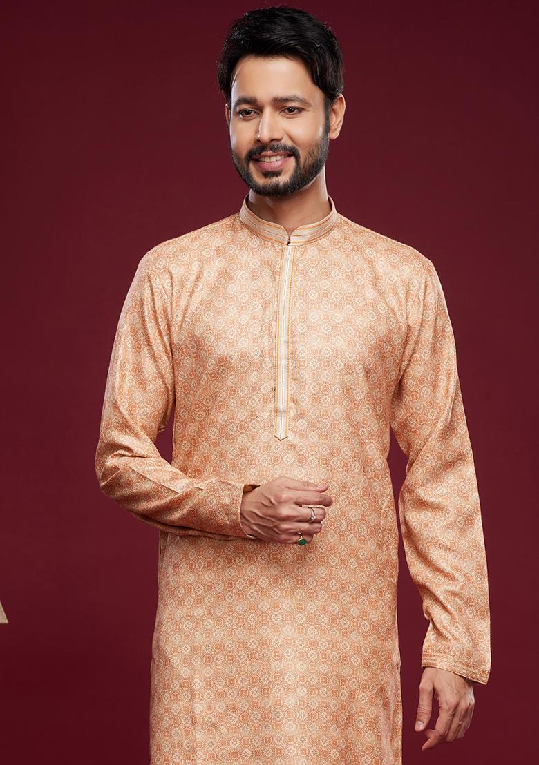 Peach Printed Art Silk Kurta Set For Men