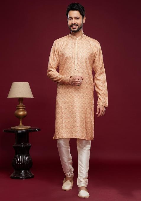 Peach Printed Art Silk Kurta Set For Men