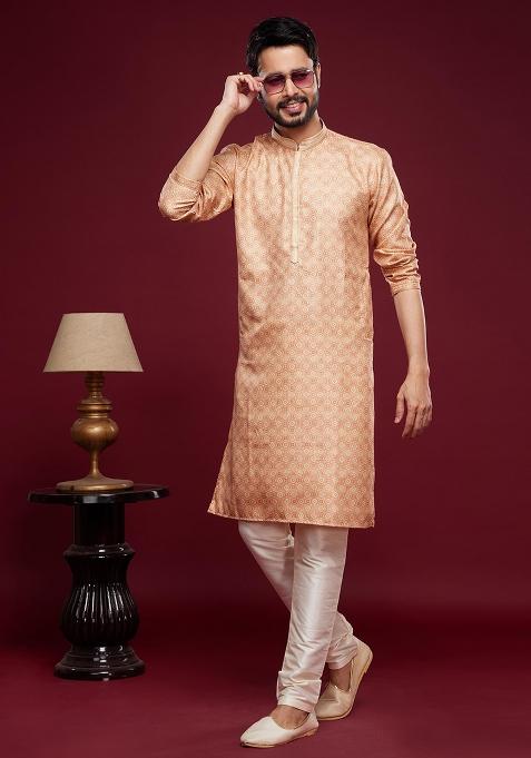 Peach Printed Art Silk Kurta Set For Men