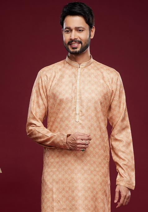 Peach Printed Art Silk Kurta Set For Men