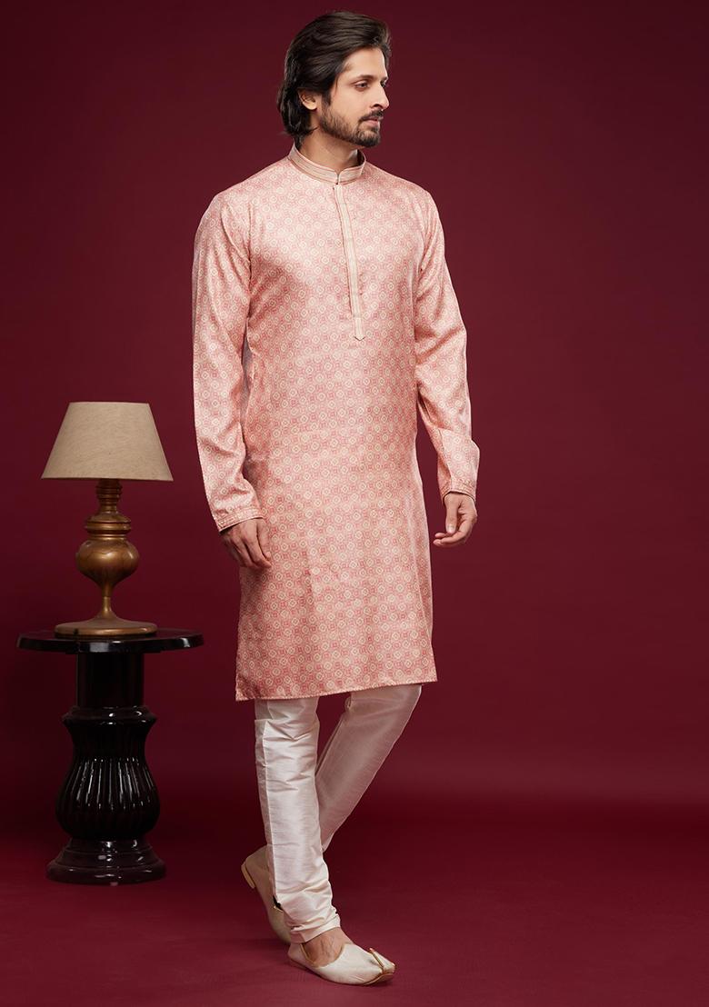 Pink Printed Art Silk Kurta Set For Men