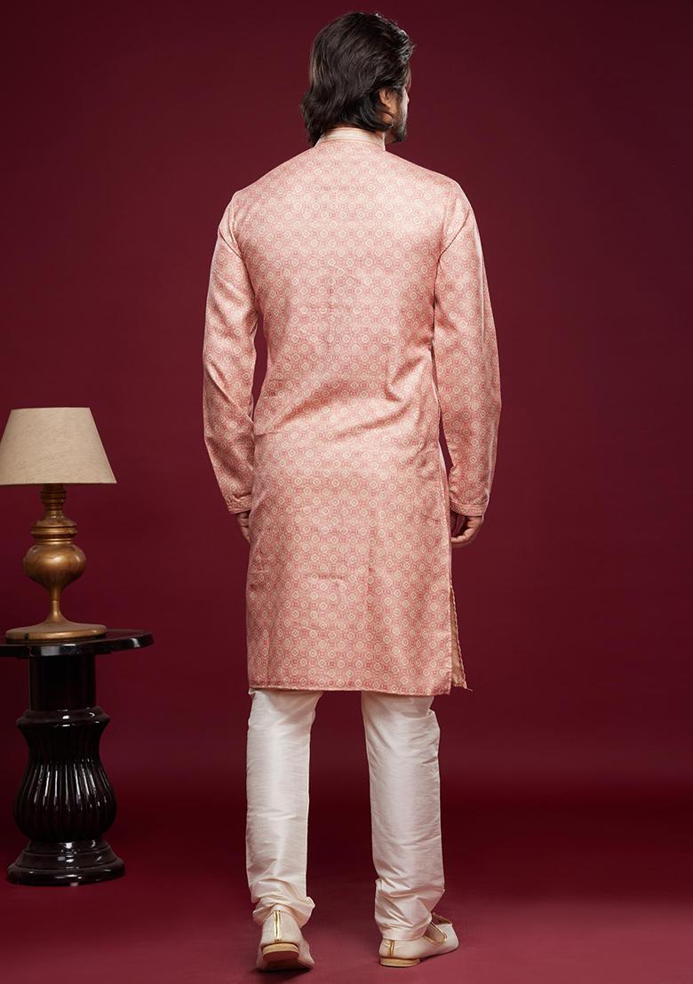Pink Printed Art Silk Kurta Set For Men