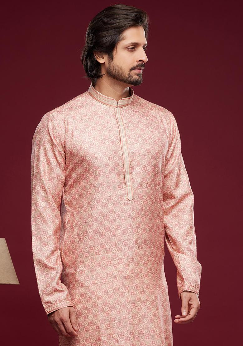 Pink Printed Art Silk Kurta Set For Men