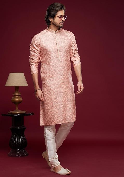 Pink Printed Art Silk Kurta Set For Men