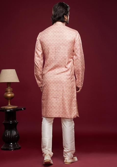 Pink Printed Art Silk Kurta Set For Men