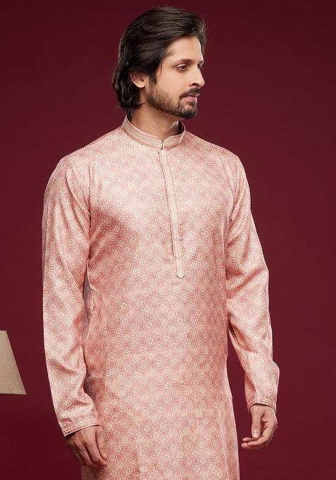 Pink Printed Art Silk Kurta Set For Men
