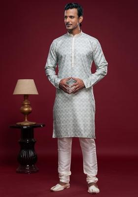 Sky Blue Printed Art Silk Kurta Set For Men