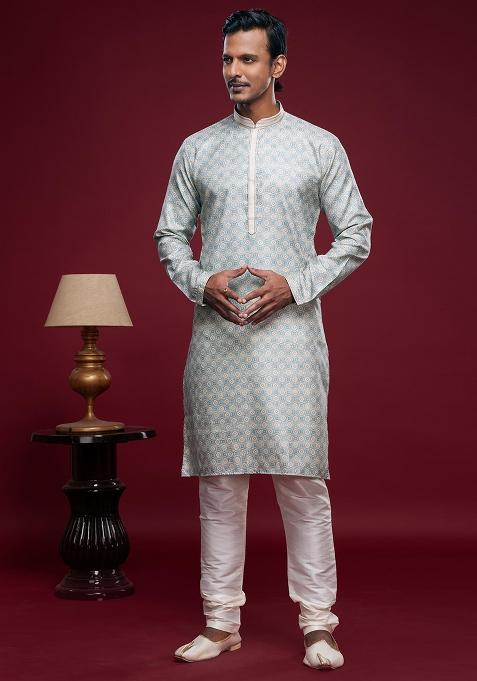 Sky Blue Printed Art Silk Kurta Set For Men — view on Indya