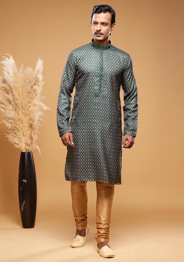 Green Printed Art Silk Kurta Set For Men