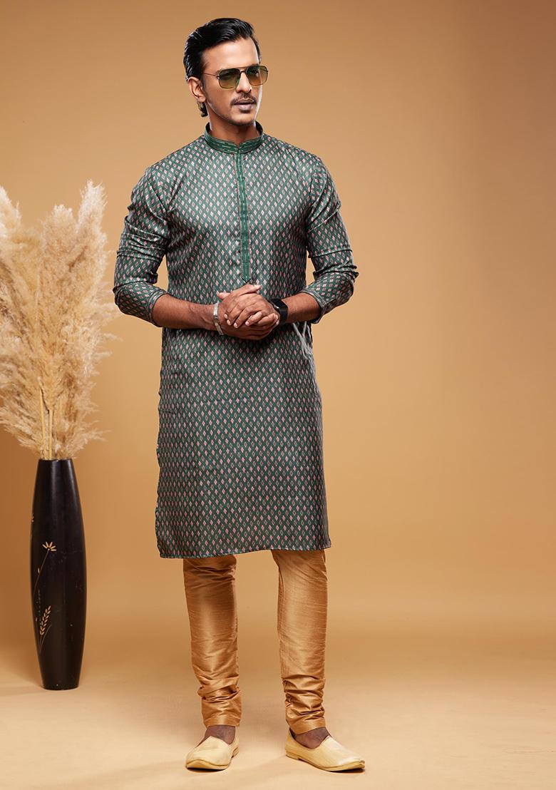 Green Printed Art Silk Kurta Set For Men