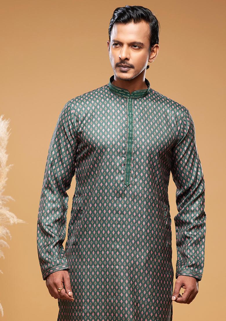 Green Printed Art Silk Kurta Set For Men - Indya
