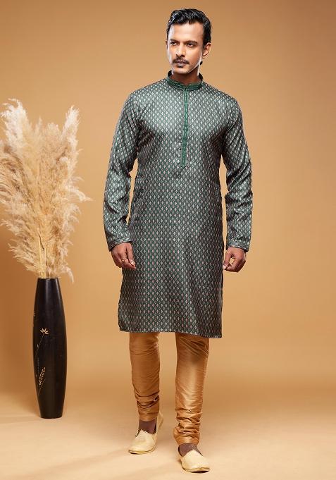 Green Printed Art Silk Kurta Set For Men