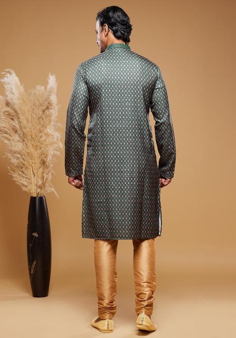 Green Printed Art Silk Kurta Set For Men