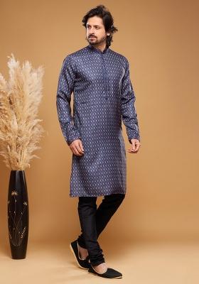 Blue Printed Art Silk Kurta Set For Men