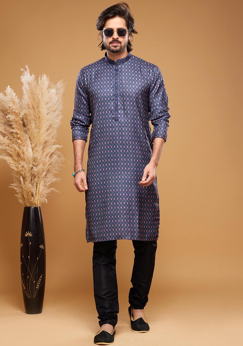 Blue Printed Art Silk Kurta Set For Men - Indya