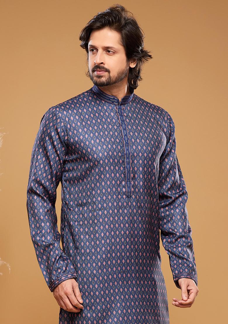 Blue Printed Art Silk Kurta Set For Men - Indya