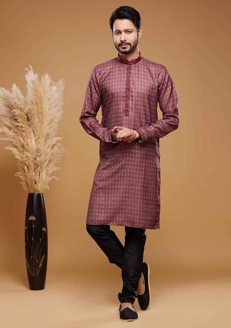 Maroon Printed Art Silk Kurta Set For Men