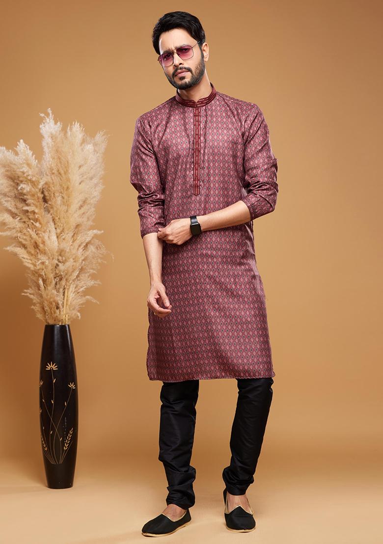 Maroon Printed Art Silk Kurta Set For Men