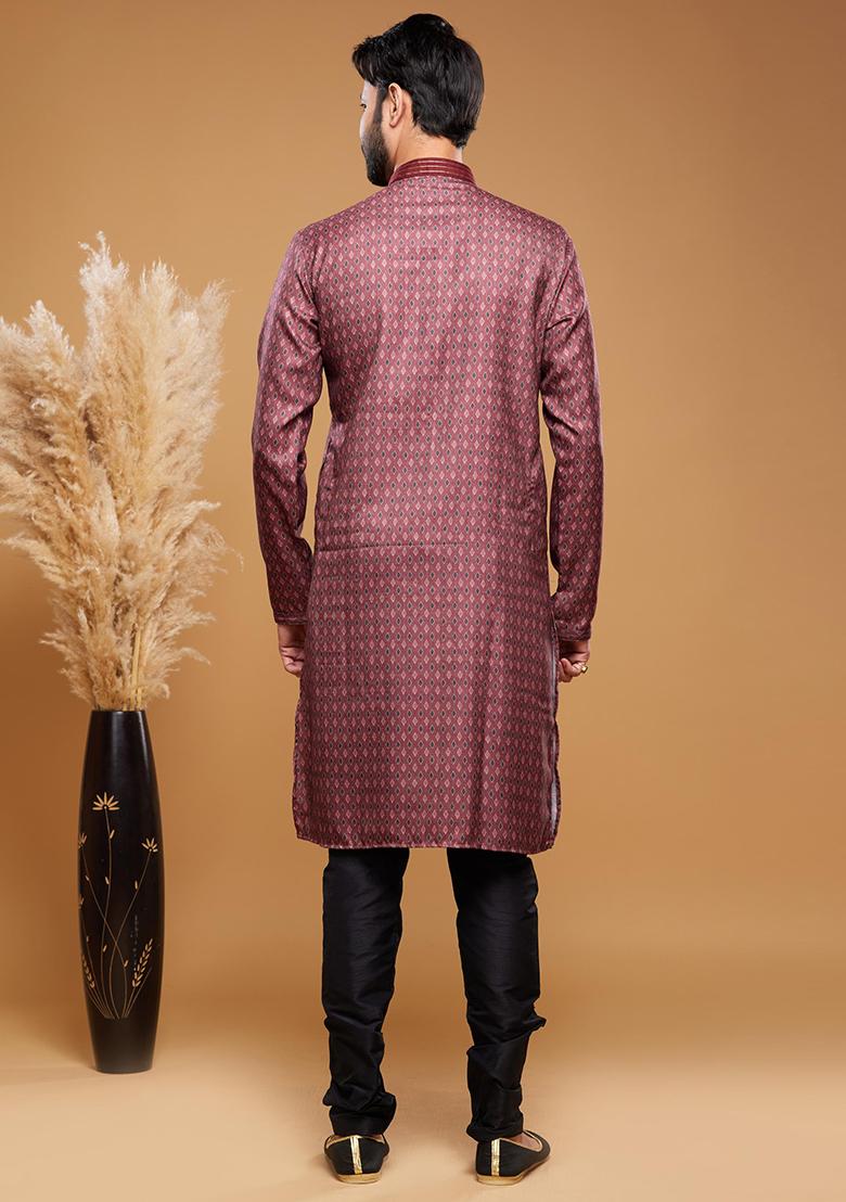 Maroon Printed Art Silk Kurta Set For Men