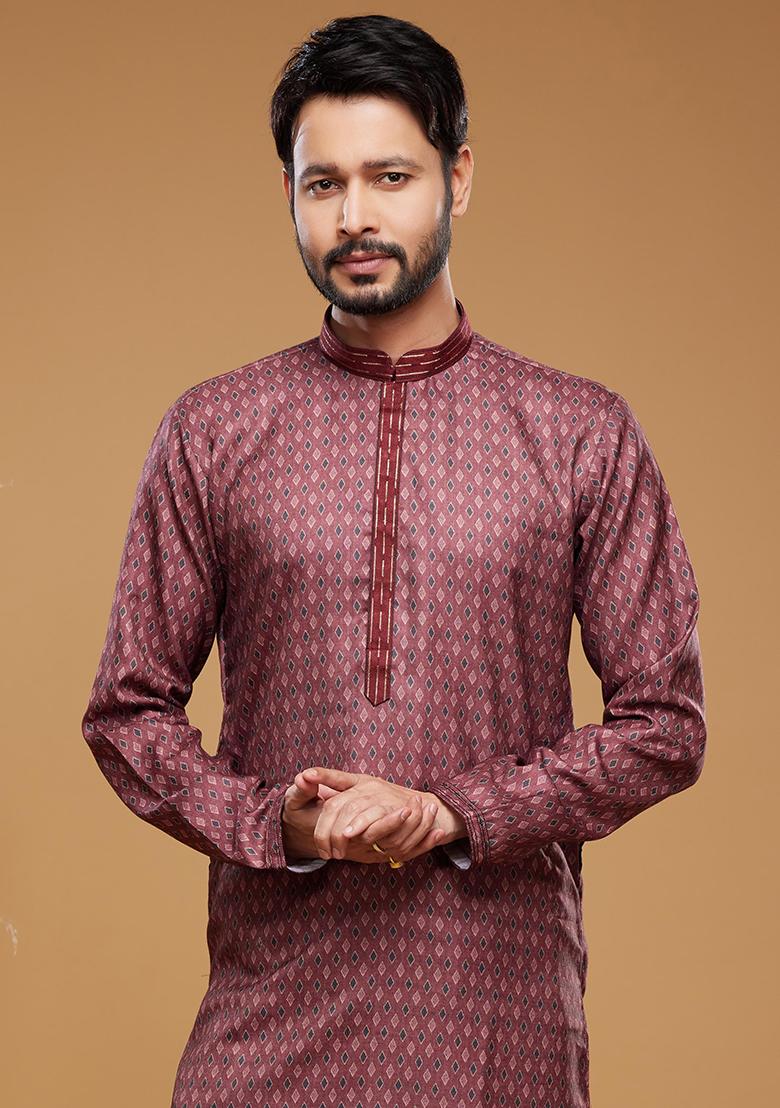 Maroon Printed Art Silk Kurta Set For Men
