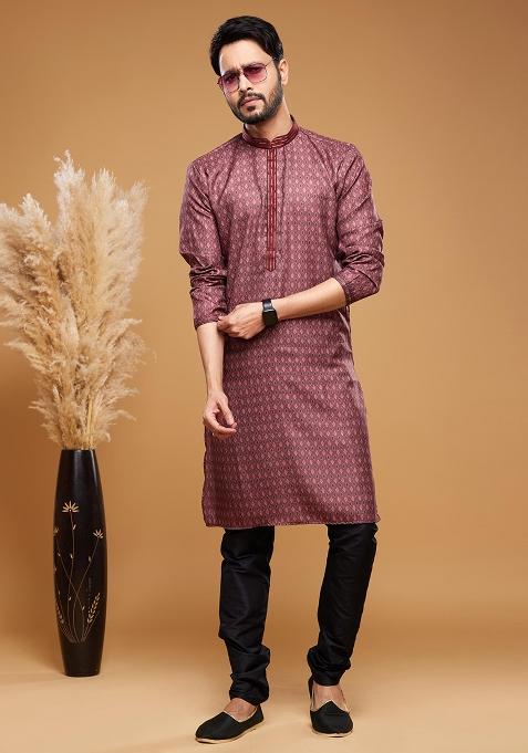 Maroon Printed Art Silk Kurta Set For Men