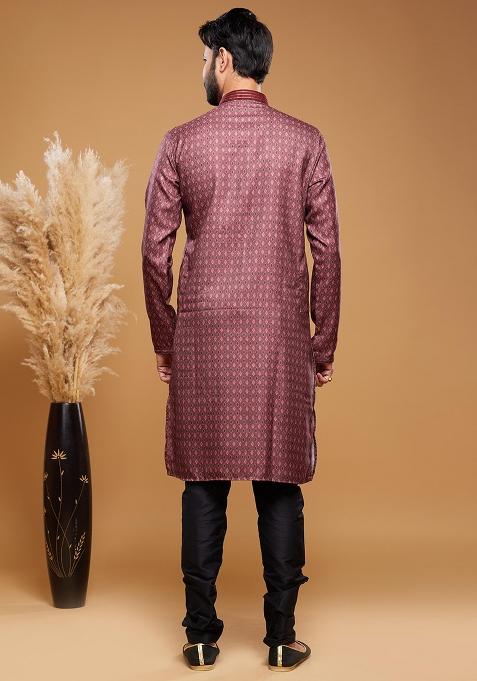 Maroon Printed Art Silk Kurta Set For Men