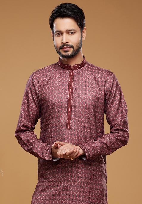 Maroon Printed Art Silk Kurta Set For Men