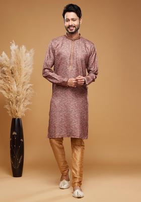 Red Printed Art Silk Kurta Set For Men