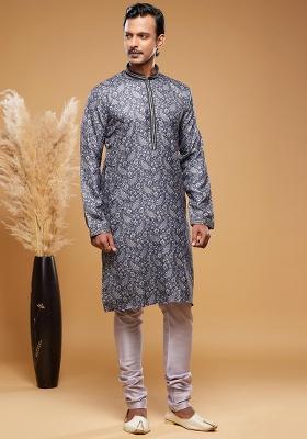 Blue And Grey Printed Art Silk Kurta Set For Men