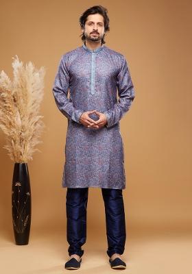 Blue Printed Art Silk Kurta Set For Men