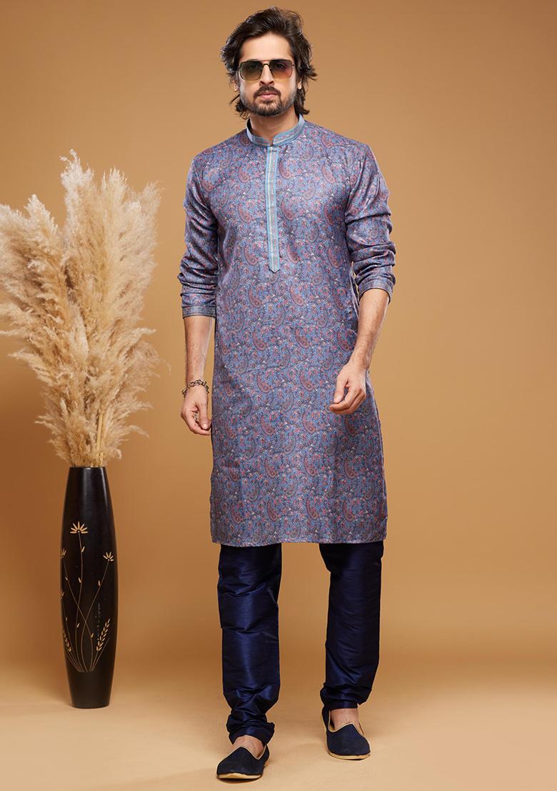 Blue Printed Art Silk Kurta Set For Men - Indya