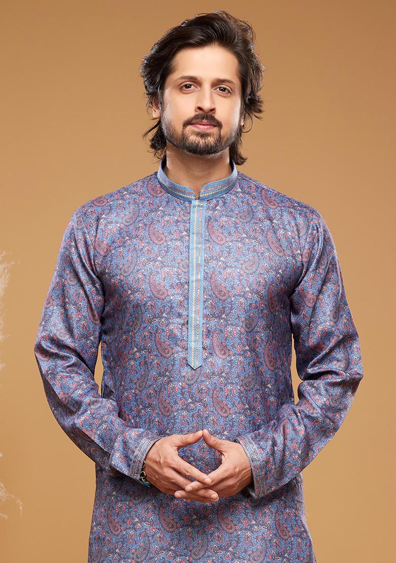 Blue Printed Art Silk Kurta Set For Men - Indya