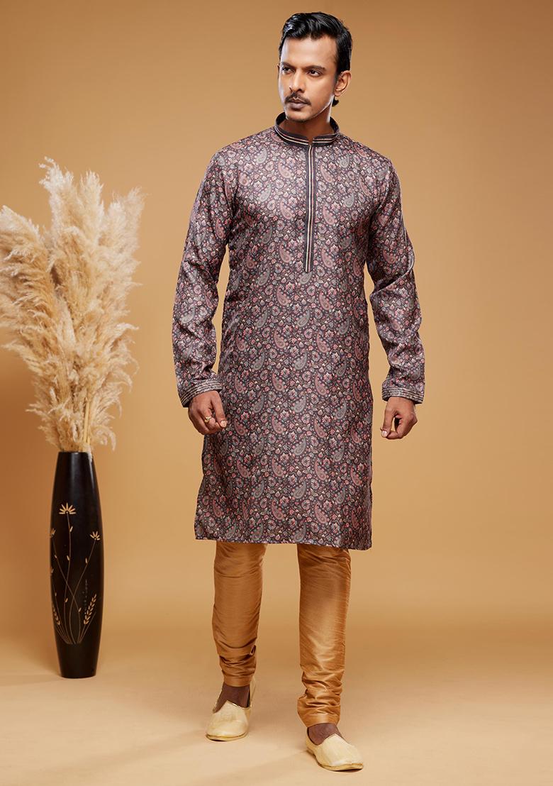 Brown Printed Art Silk Kurta Set For Men