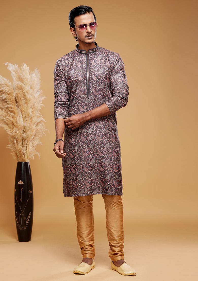 Brown Printed Art Silk Kurta Set For Men