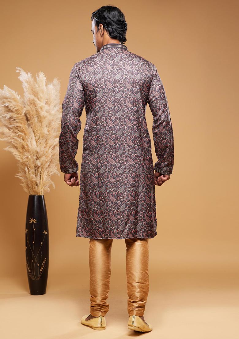 Brown Printed Art Silk Kurta Set For Men