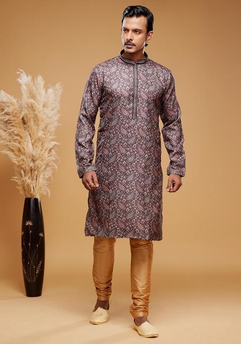 Brown Printed Art Silk Kurta Set For Men