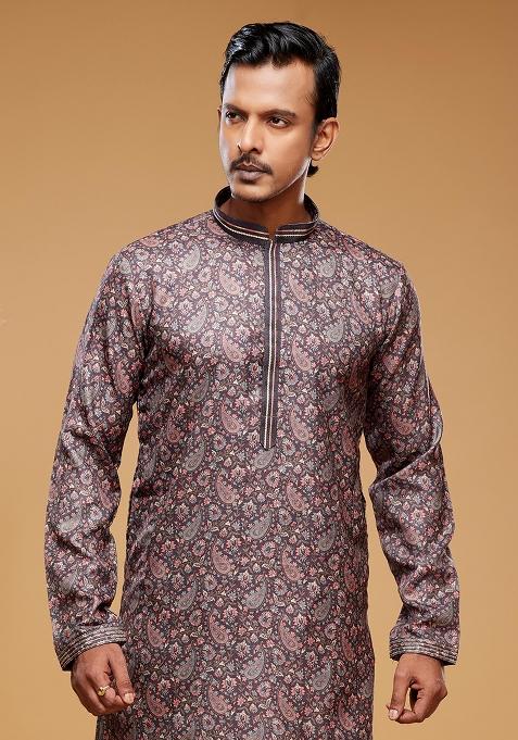 Brown Printed Art Silk Kurta Set For Men