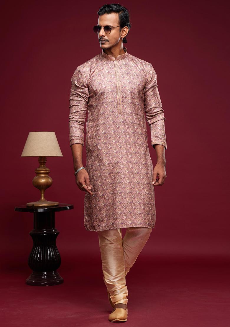 Pink Printed Art Silk Kurta Set For Men