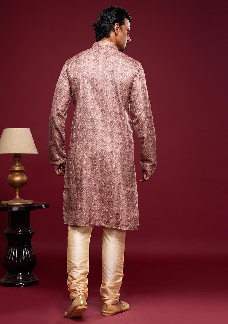 Pink Printed Art Silk Kurta Set For Men
