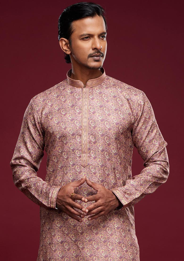 Pink Printed Art Silk Kurta Set For Men