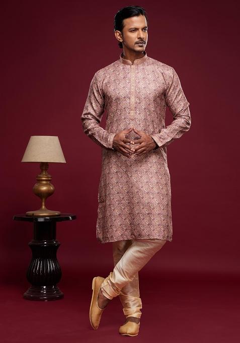 Pink Printed Art Silk Kurta Set For Men