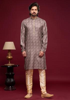 Grey Printed Art Silk Kurta Set For Men