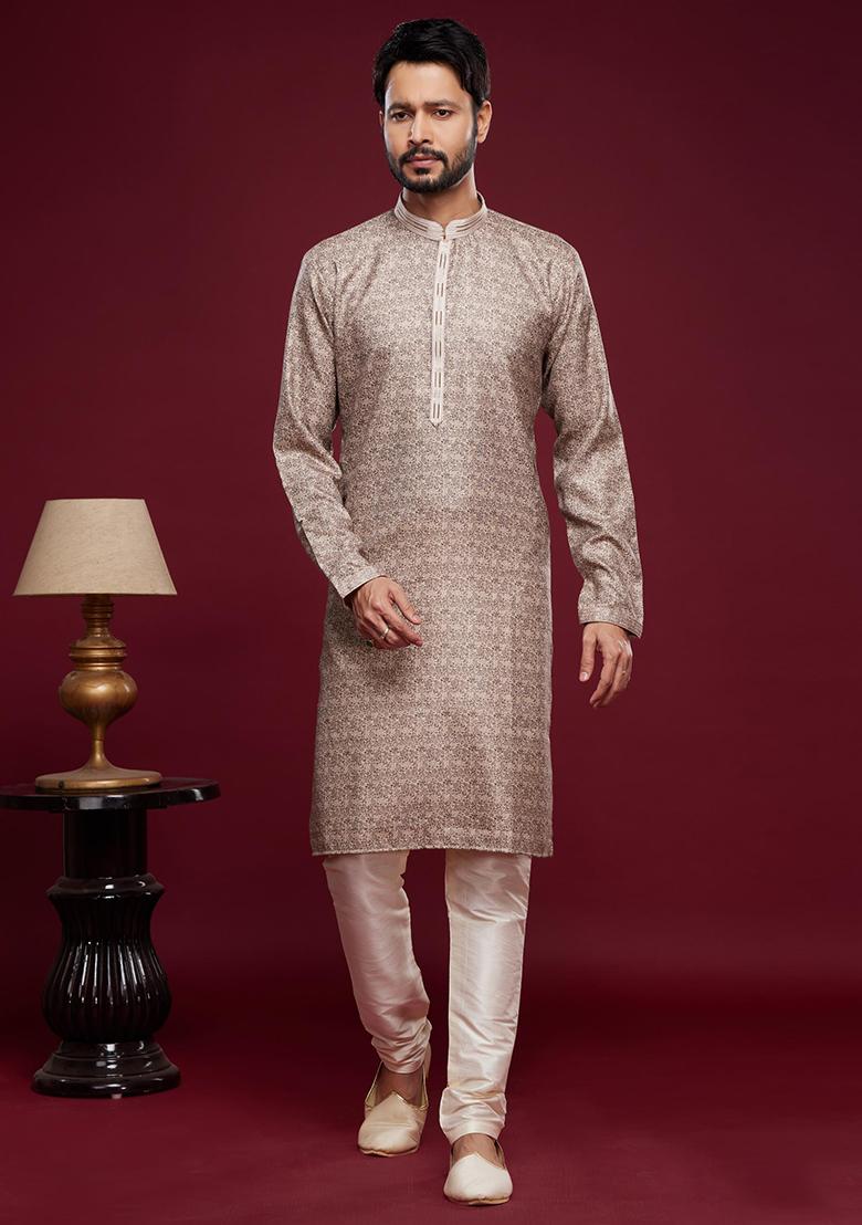 Brown Printed Art Silk Kurta Set For Men