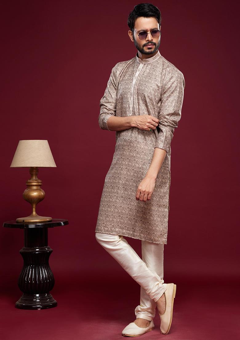 Brown Printed Art Silk Kurta Set For Men - Indya