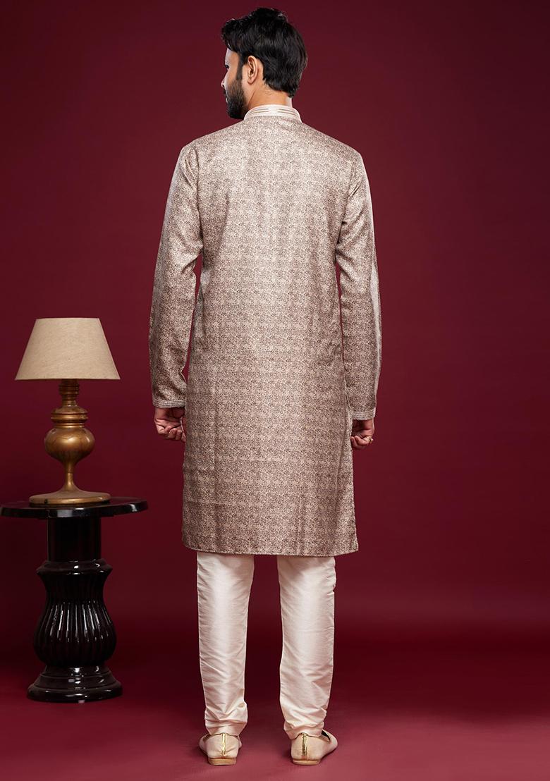 Brown Printed Art Silk Kurta Set For Men